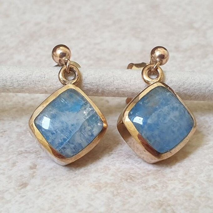 Blue Moonstone Earrings in 9ct Gold. - Gems Afire - Vintage Jewellery UK