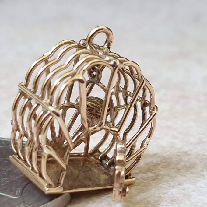 Bird in Birdcage Charm Pendant in 9ct Gold Gems Afire Vintage