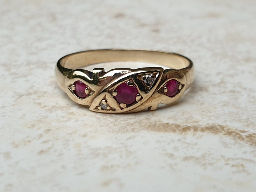 Ruby Trilogy Ring with Diamond Accents in 9ct Gold, a UK M 1/2 or a US ...
