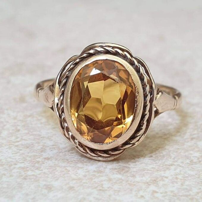 Vibrant Synthetic Yellow Sapphire in 9ct Gold, a UK N or a US 7 Gems Afire Vintage Jewellery UK