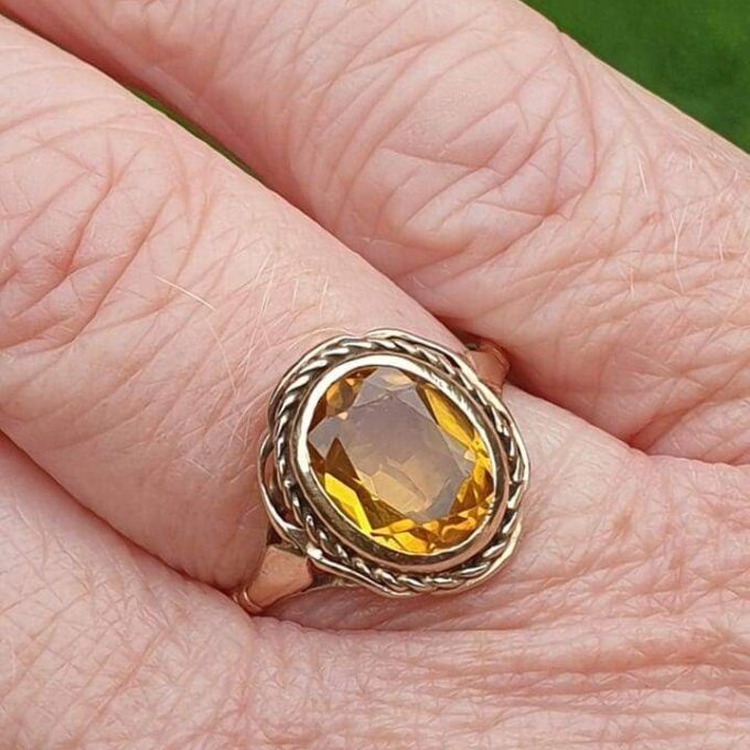Vibrant Synthetic Yellow Sapphire in 9ct Gold, a UK N or a US 7 Gems Afire Vintage Jewellery UK