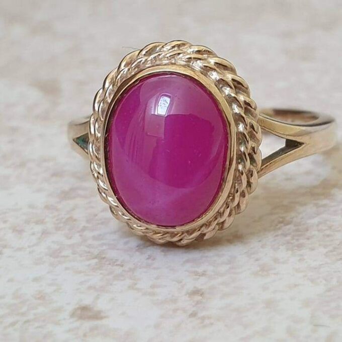 Synthetic Star Pink Ruby Ring in 9ct Gold. - Gems Afire - Vintage ...