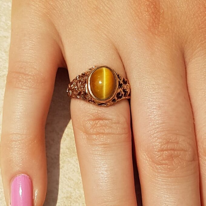 Ornate Rose Gold Tigers Eye Ring, a UK K 1/2 or a US 5 3/4. Gems Afire Vintage