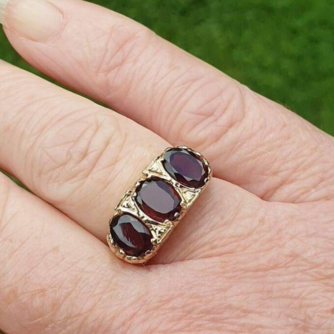 Three Stone Ring in 9ct Gold. Gems Afire Vintage Jewellery UK