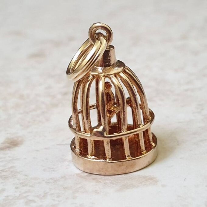 Bird In Birdcage Charm Pendant in 9ct Gold Gems Afire Vintage