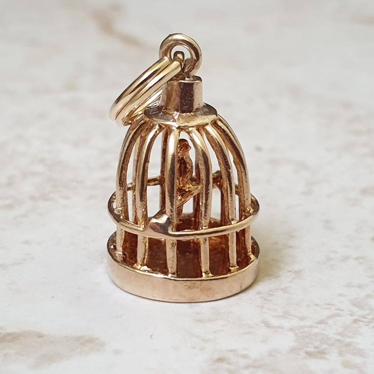 Bird In Birdcage Charm Pendant in 9ct Gold Gems Afire Vintage