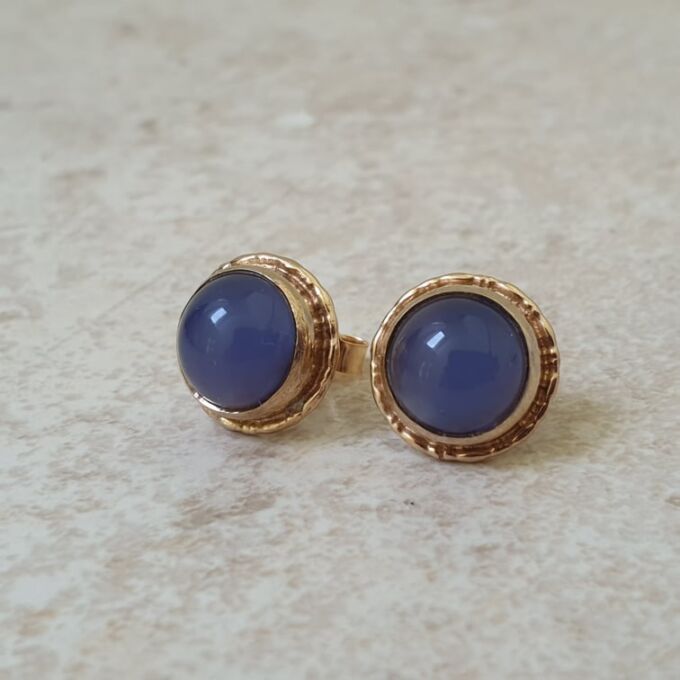 Reserved Blue Chalcedony Stud Earrings in 9ct Gold Gems Afire Vintage Jewellery UK