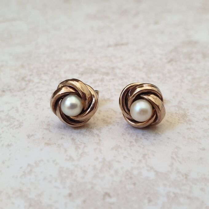 Pearl Knot Stud Earrings in 9ct Gold Gems Afire Vintage Jewellery UK