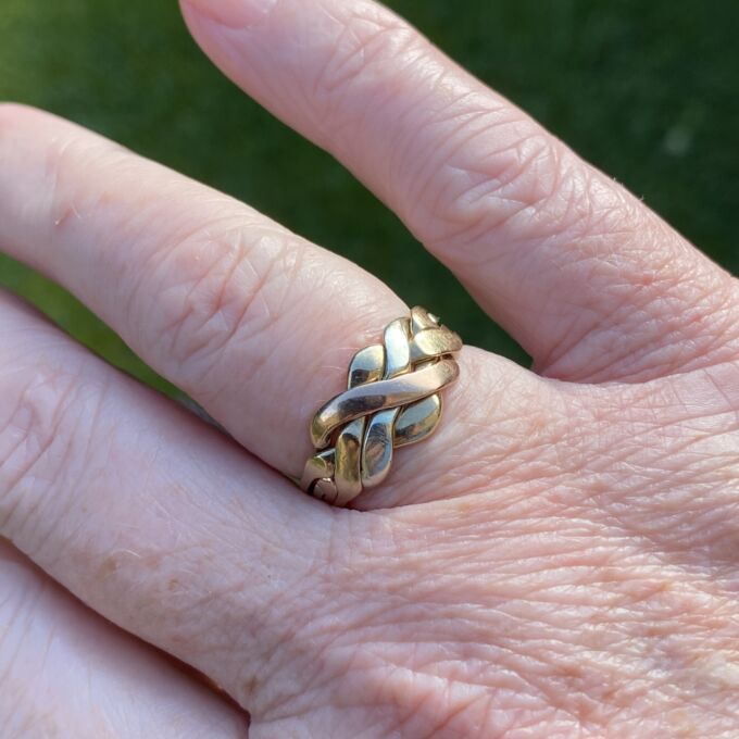 Four Piece Puzzle Ring in 9ct Gold Gems Afire Vintage Jewellery UK