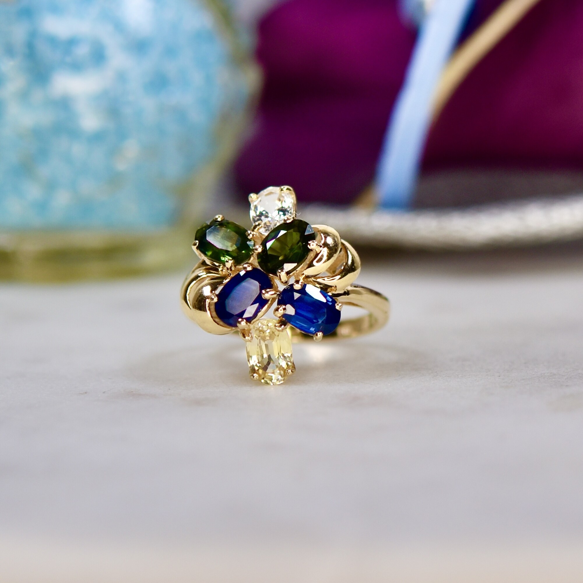 Multi Sapphire Ring in 14ct Gold Gems Afire Vintage Jewellery UK